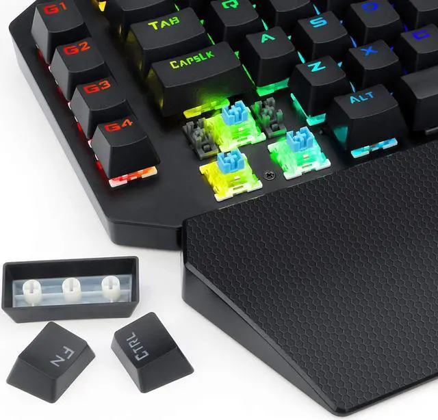 Alt view image 6 of 7 - One Handed Mechanical Gaming Keyboard Wired, RGB Led Backlit, 6 Onboard Macro Keys, Detachable Wrist Rest, Blue Switch - Clicky, and Detachable Type C Cable, Metal Panel, All Keys No Conflict