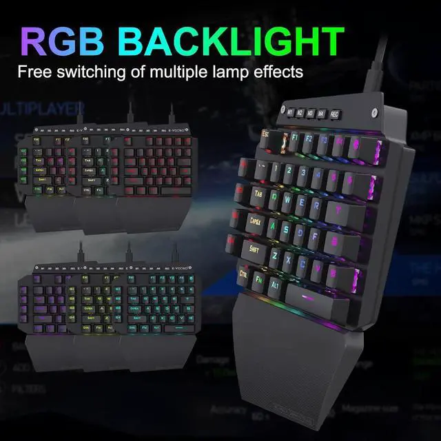 Alt view image 3 of 7 - One Handed Mechanical Gaming Keyboard Wired, RGB Led Backlit, 6 Onboard Macro Keys, Detachable Wrist Rest, Blue Switch - Clicky, and Detachable Type C Cable, Metal Panel, All Keys No Conflict