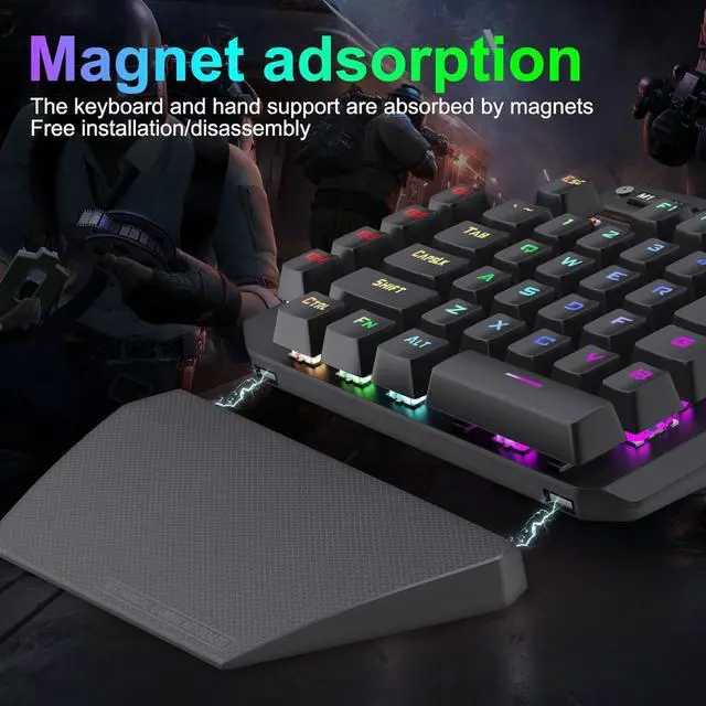 Alt view image 5 of 7 - One Handed Mechanical Gaming Keyboard Wired, RGB Led Backlit, 6 Onboard Macro Keys, Detachable Wrist Rest, Blue Switch - Clicky, and Detachable Type C Cable, Metal Panel, All Keys No Conflict