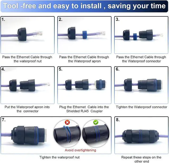 Alt view image 7 of 7 - Waterproof RJ45 Coupler Short Profile, Cat6/Cat5E/Cat5 Waterproof Ethernet Connector Shielded IP67, Outdoor Network LAN Cable Extender PoE 6-Pack