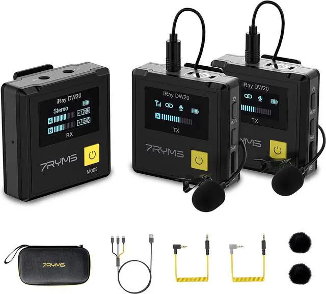 Main image of 7RYMS iRay DW20 Wireless Lavalier Microphone with Intelligent Denoise, Digital/Analog Output, 2.4G Dual Wireless Lapel Mic for Camera Smartphone Tablet, Compact Lav Mic for Vlogging/Live Streaming