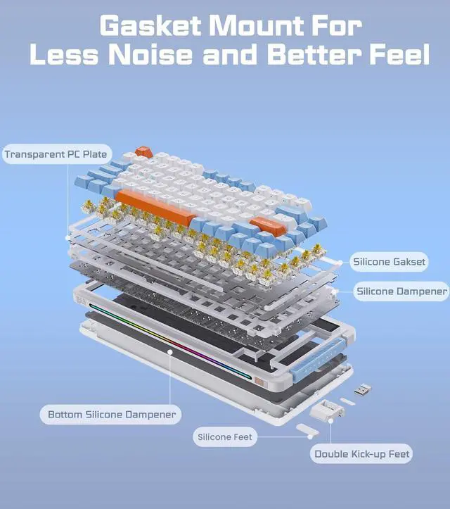 Alt view image 5 of 7 - 81 KEYS Wireless Mechanical Keyboard, Hot-swappable Wired/Bluetooth 5.0/2.4G Wireless Keyboard with RGB Backlit for Windows & Mac, PBT Keycaps, Gateron Yellow Switch Pro, Navy White