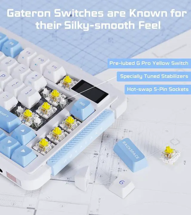 Alt view image 6 of 7 - 81 KEYS Wireless Mechanical Keyboard, Hot-swappable Wired/Bluetooth 5.0/2.4G Wireless Keyboard with RGB Backlit for Windows & Mac, PBT Keycaps, Gateron Yellow Switch Pro, Navy White