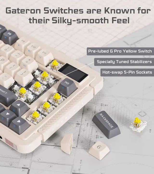 Alt view image 6 of 7 - 81 KEYS Wireless Mechanical Keyboard, Hot-swappable Wired/Bluetooth 5.0/2.4G Wireless Keyboard with RGB Backlit for Windows & Mac, PBT Keycaps, Gateron Yellow Switch Pro, Ivory White