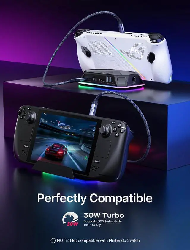 Alt view image 4 of 7 - RGB Docking Station for Steam Deck (OLED)/ROG Ally/Legion Go, 12-in-1 Steam Deck Dock with 4K@120Hz HDMI & DisplayPort Gigabit Etherne USB-C 3.2 USB-A 3.2/2.0, SD/TF Slots 3.5mm Jack