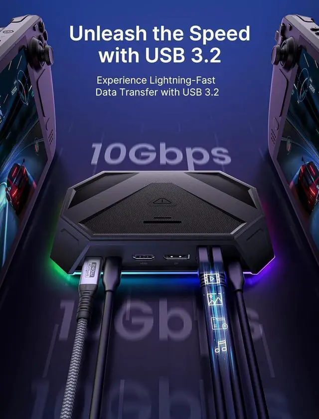 Alt view image 7 of 7 - RGB Docking Station for Steam Deck (OLED)/ROG Ally/Legion Go, 12-in-1 Steam Deck Dock with 4K@120Hz HDMI & DisplayPort Gigabit Etherne USB-C 3.2 USB-A 3.2/2.0, SD/TF Slots 3.5mm Jack