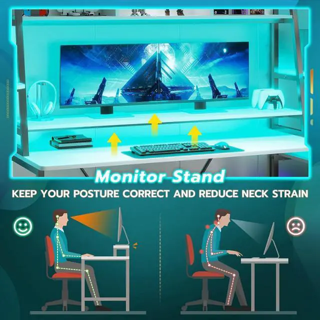 Alt view image 5 of 7 - 78.8'' Gaming Desk with LED Lights, Hutch and Storage Shelves, Computer Desk with Monitor Stand, Large PC Gamer Desk Workstation, Ergonomic Gaming Table for Bedroom, Living Room - White