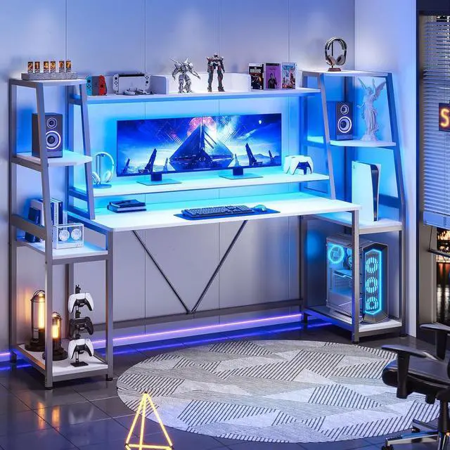 Alt view image 3 of 7 - 78.8'' Gaming Desk with LED Lights, Hutch and Storage Shelves, Computer Desk with Monitor Stand, Large PC Gamer Desk Workstation, Ergonomic Gaming Table for Bedroom, Living Room - White