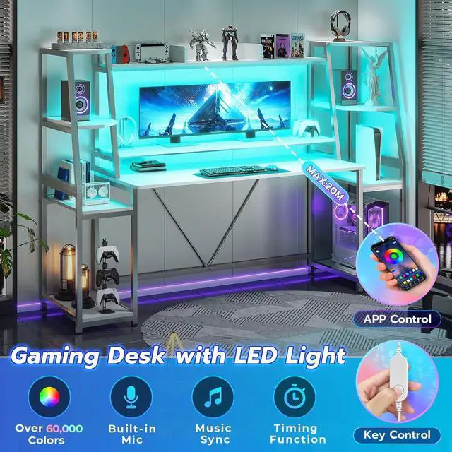 Alt view image 6 of 7 - 78.8'' Gaming Desk with LED Lights, Hutch and Storage Shelves, Computer Desk with Monitor Stand, Large PC Gamer Desk Workstation, Ergonomic Gaming Table for Bedroom, Living Room - White