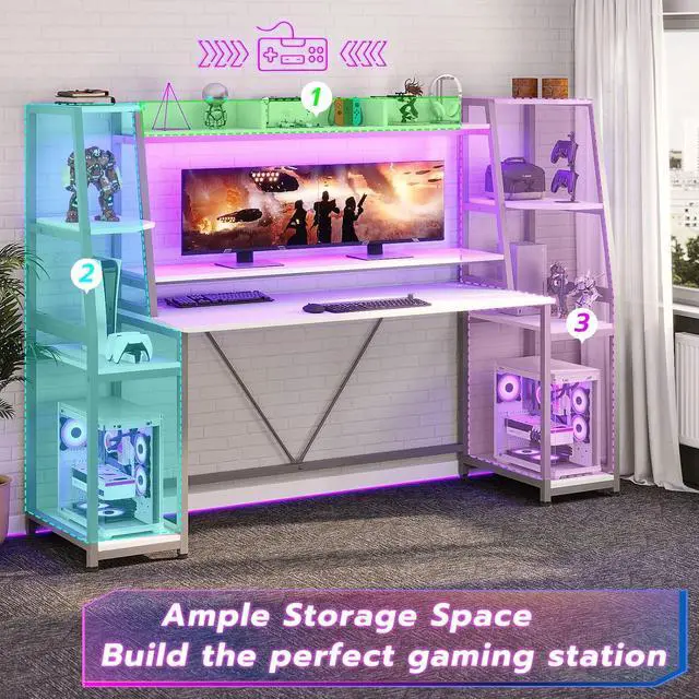 Alt view image 4 of 7 - 78.8'' Gaming Desk with LED Lights, Hutch and Storage Shelves, Computer Desk with Monitor Stand, Large PC Gamer Desk Workstation, Ergonomic Gaming Table for Bedroom, Living Room - White