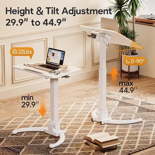 Alt view image 2 of 7 - Foldable Mobile Standing Desk, Height Adjustable Sit Stand Desk, 90° Tiltable Rolling Laptop Desk, Portable Desk with Wheels Non-Slip Mat for Home Office, Holds Up to 22lbs, White