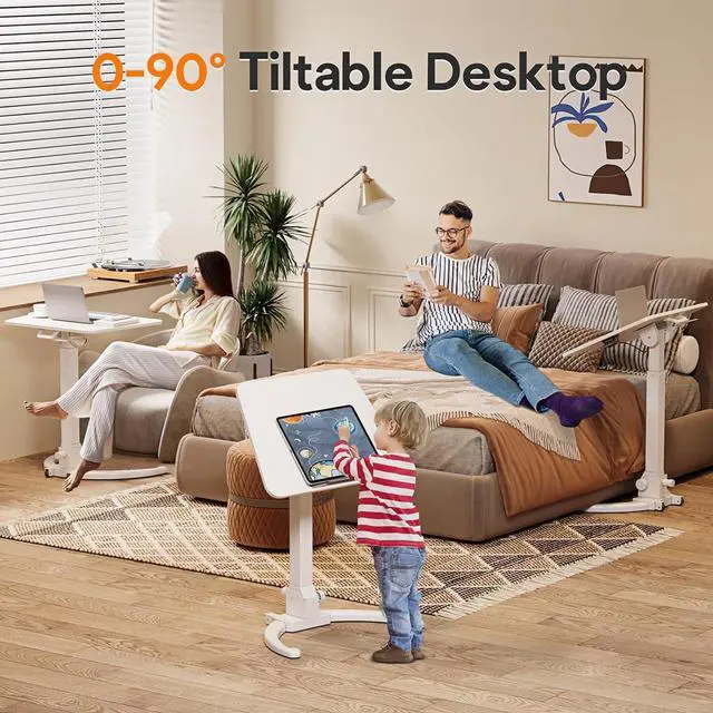 Alt view image 7 of 7 - Foldable Mobile Standing Desk, Height Adjustable Sit Stand Desk, 90° Tiltable Rolling Laptop Desk, Portable Desk with Wheels Non-Slip Mat for Home Office, Holds Up to 22lbs, White