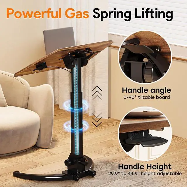 Alt view image 7 of 7 - Foldable Mobile Standing Desk, Height Adjustable Sit Stand Desk, 90° Tiltable Rolling Laptop Desk, Portable Desk with Wheels Non-Slip Mat for Home Office, Holds Up to 22lbs, Brown