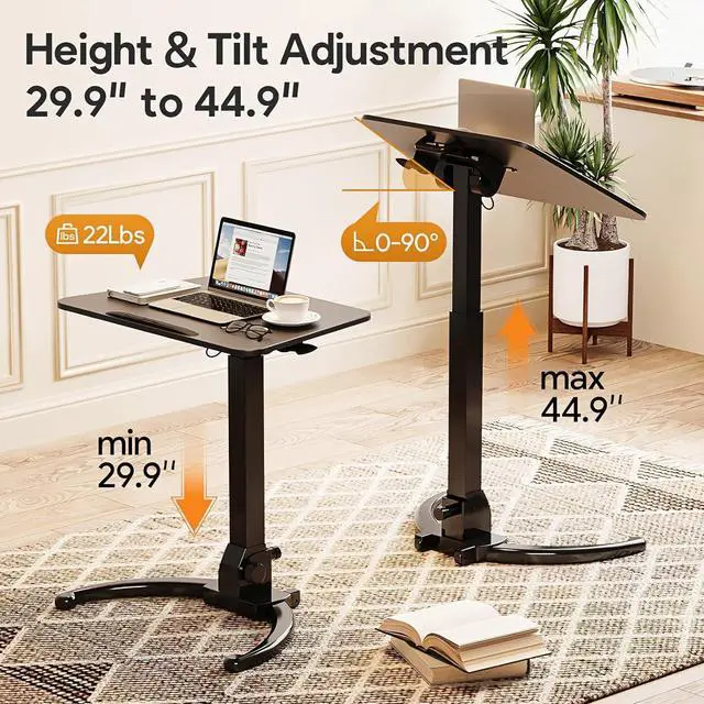 Alt view image 2 of 7 - Foldable Mobile Standing Desk, Height Adjustable Sit Stand Desk, 90° Tiltable Rolling Laptop Desk, Portable Desk with Wheels Non-Slip Mat for Home Office, Holds Up to 22lbs, White Black
