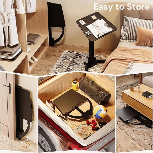 Alt view image 6 of 7 - Foldable Mobile Standing Desk, Height Adjustable Sit Stand Desk, 90° Tiltable Rolling Laptop Desk, Portable Desk with Wheels Non-Slip Mat for Home Office, Holds Up to 22lbs, White Black