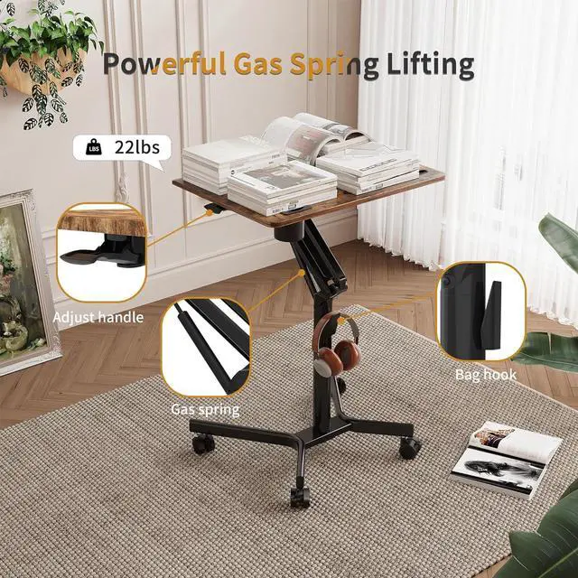 Alt view image 3 of 7 - Mobile Standing Desk, 28 inch Small Height Adjustable Rolling Laptop Desk, Portable Sit Stand Desk with Lockable Wheels, Ergonomic Desktop Table for Home Office, Rustic Brown