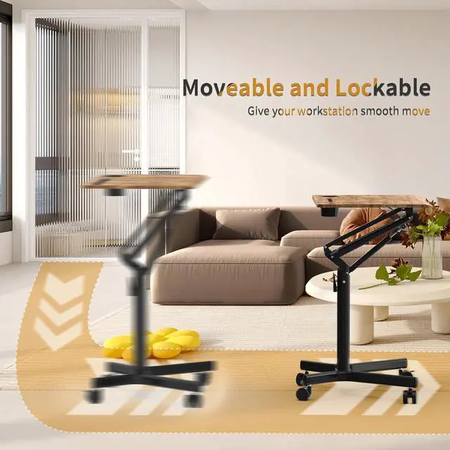Alt view image 6 of 7 - Mobile Standing Desk, 28 inch Small Height Adjustable Rolling Laptop Desk, Portable Sit Stand Desk with Lockable Wheels, Ergonomic Desktop Table for Home Office, Rustic Brown