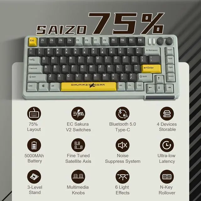 Alt view image 2 of 6 - 75% Mechanical Gaming Keyboard, EC Ivy V2 Switches, BT5.0+USB-C, 4 Devices Connection, LED Backlit 5000mAh Battery, Anti-Ghosting 81 Keys Wireless Keyboard for Windows Mac