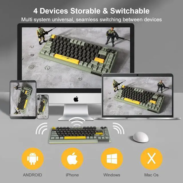 Alt view image 4 of 6 - 75% Mechanical Gaming Keyboard, EC Ivy V2 Switches, BT5.0+USB-C, 4 Devices Connection, LED Backlit 5000mAh Battery, Anti-Ghosting 81 Keys Wireless Keyboard for Windows Mac