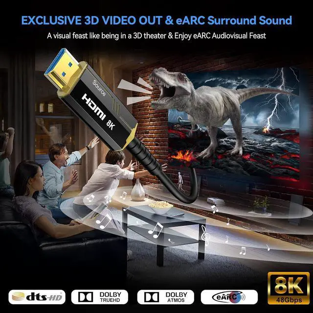 Alt view image 2 of 7 - 8K Fiber Optic HDMI Cables 30Ft, 48Gbps Ultra High Speed HDMI 2.1 Cable, 8K@60Hz 4K@120Hz, Compatible for Playstation 5 PC HDTV, Male-to-Male (Gold Plated Connector)