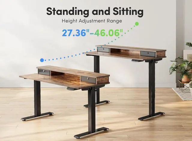 Alt view image 5 of 7 - 55 x 24 Inch Height Adjustable Electric Standing Desk with Double Drawer, Stand Up Desk with Storage Shelf, Sit Stand Desk, Rustic Brown