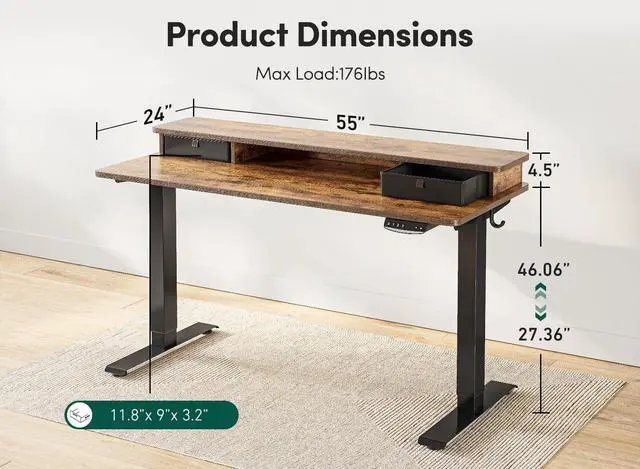 Alt view image 3 of 7 - 55 x 24 Inch Height Adjustable Electric Standing Desk with Double Drawer, Stand Up Desk with Storage Shelf, Sit Stand Desk, Rustic Brown