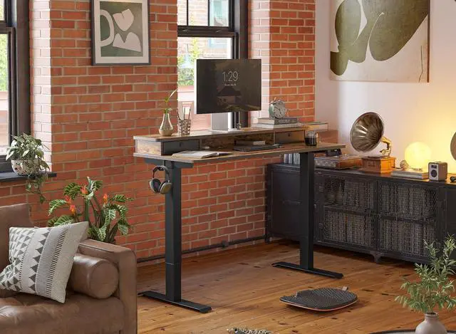 Alt view image 2 of 7 - 55 x 24 Inch Height Adjustable Electric Standing Desk with Double Drawer, Stand Up Desk with Storage Shelf, Sit Stand Desk, Rustic Brown