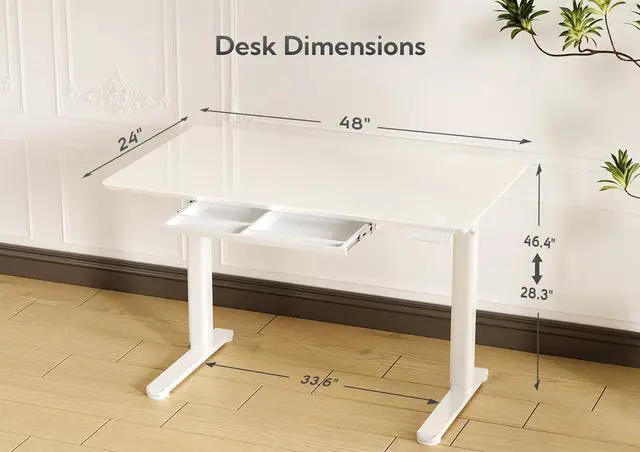 Alt view image 2 of 7 - Glass Standing Desk with Drawers, 48×24 Inch Adjustable Stand Up Desk, Quick Install Home Office Computer Desk, White