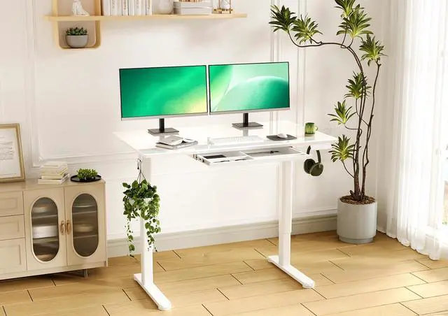 Alt view image 7 of 7 - Glass Standing Desk with Drawers, 48×24 Inch Adjustable Stand Up Desk, Quick Install Home Office Computer Desk, White
