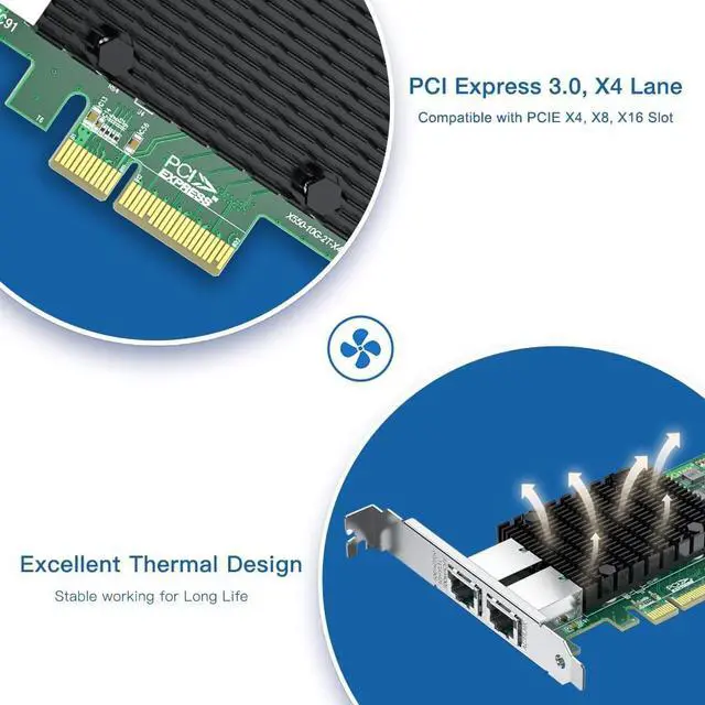 Alt view image 4 of 7 - 10Gb RJ45 PCI-E Network Card NIC, Compare to X550-T2, with Intel X550-AT2 Chip, Dual RJ45 Ports, PCI Express 3.0 X4, Ethernet Converged Network Adapter Support Windows/Linux/VMware