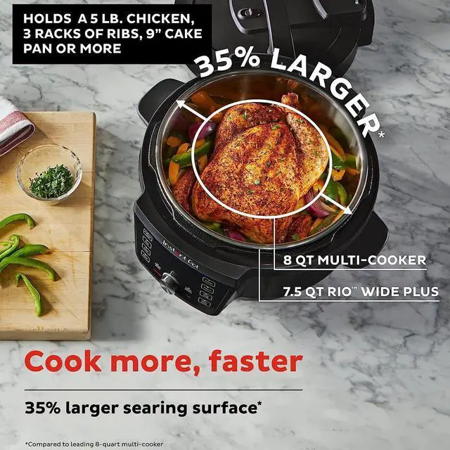 Alt view image 3 of 6 - Instant Pot RIO Wide Plus, 7.5 Quarts 35% Larger Cooking Surface, WhisperQuiet Steam Release, 9-in-1 Electric Multi-Cooker, Pressure Slow Cooker, Rice Cooker, Steamer, Sauté, Cake & Warmer