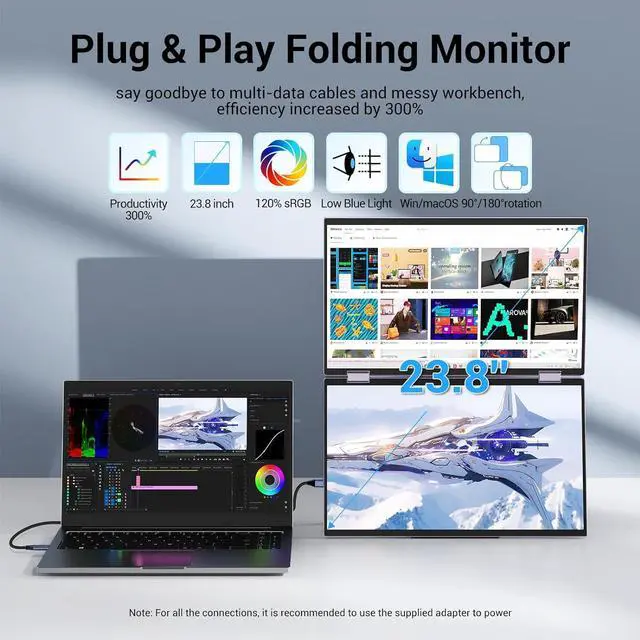 Alt view image 2 of 6 - Laptop Screen Extender 15.6" Dual Monitors Stacked Folding Triple Monitor (Wins/Mac) 1080P 120% sRGB E<2 Triple Portable Monitor for Laptop 90°/180° Automatic Rotation