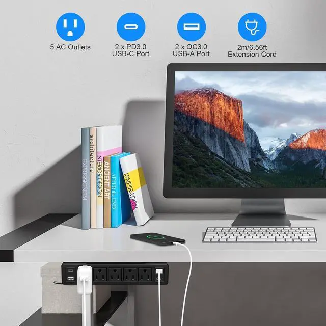 Alt view image 3 of 7 - 20W USB C Under Desk Power Strip Mountable,Total 40W Fast Charging Ultra Flat Plug Power Strip Surge Protector 1200J,9 in 1 Desk Outlet,5 Outlets,2 USB-C,2 USB-A,6.56FT Flat Extension Cord Black