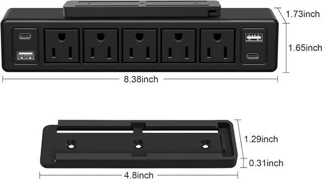 Alt view image 6 of 7 - 20W USB C Under Desk Power Strip Mountable,Total 40W Fast Charging Ultra Flat Plug Power Strip Surge Protector 1200J,9 in 1 Desk Outlet,5 Outlets,2 USB-C,2 USB-A,6.56FT Flat Extension Cord Black