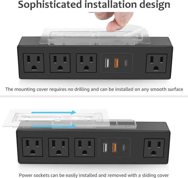 Alt view image 2 of 7 - Under Desk Power Strip with 3M Adhesive, Removable Under Desktop Mount Plug with Fast Charging USB C and USB A Ports, 4 Outlet Under Table Surge Protector 1200J, 6FT Extension Cord. (Black)