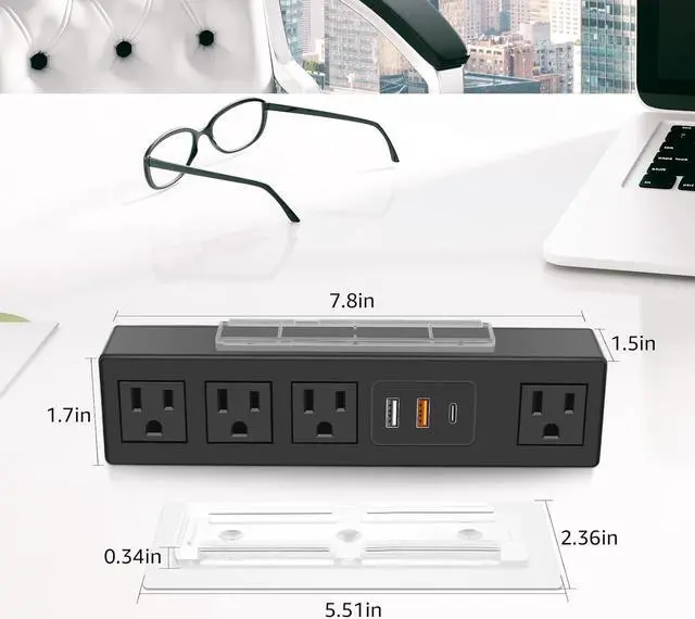 Alt view image 5 of 7 - Under Desk Power Strip with 3M Adhesive, Removable Under Desktop Mount Plug with Fast Charging USB C and USB A Ports, 4 Outlet Under Table Surge Protector 1200J, 6FT Extension Cord. (Black)