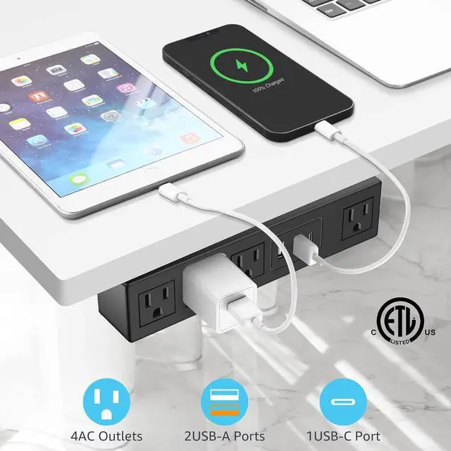 Alt view image 3 of 7 - Under Desk Power Strip with 3M Adhesive, Removable Under Desktop Mount Plug with Fast Charging USB C and USB A Ports, 4 Outlet Under Table Surge Protector 1200J, 6FT Extension Cord. (Black)