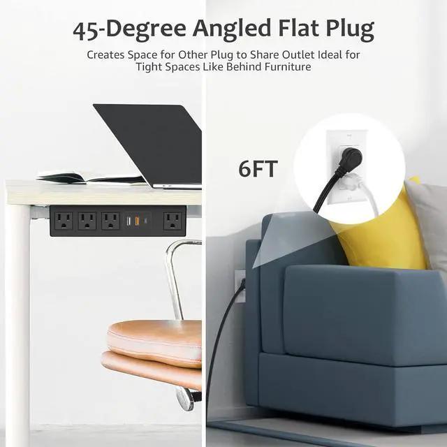 Alt view image 6 of 7 - Under Desk Power Strip with 3M Adhesive, Removable Under Desktop Mount Plug with Fast Charging USB C and USB A Ports, 4 Outlet Under Table Surge Protector 1200J, 6FT Extension Cord. (Black)