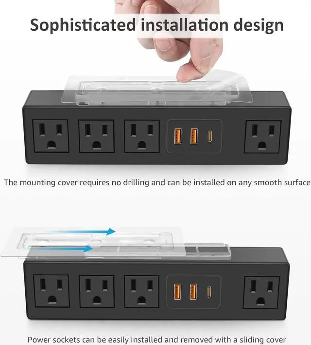 Alt view image 5 of 7 - Under Desk Power Strip with 3M Adhesive, Removable Under Desktop Mount Plug with 30W Fast Charging USB C and USB A Ports, 4 Outlet Under Table Surge Protector 1200J, 6FT Extension Cord. (Black)