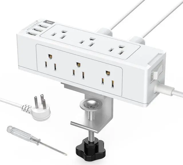Main image of Desk Clamp Power Strip with USB C, Desk Surge Protector Power Strip with 9 AC Plugs 4 USB Ports, Desktop Edge Mount Outlets Charging Station, 6 FT Flat Plug, Removable Clamp Power Strip White
