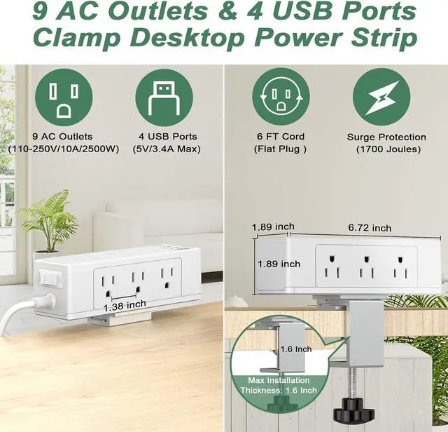 Alt view image 2 of 7 - Desk Clamp Power Strip with USB C, Desk Surge Protector Power Strip with 9 AC Plugs 4 USB Ports, Desktop Edge Mount Outlets Charging Station, 6 FT Flat Plug, Removable Clamp Power Strip White