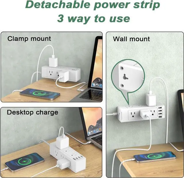Alt view image 5 of 7 - Desk Clamp Power Strip with USB C, Desk Surge Protector Power Strip with 9 AC Plugs 4 USB Ports, Desktop Edge Mount Outlets Charging Station, 6 FT Flat Plug, Removable Clamp Power Strip White