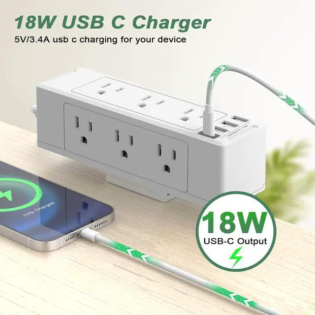 Alt view image 3 of 7 - Desk Clamp Power Strip with USB C, Desk Surge Protector Power Strip with 9 AC Plugs 4 USB Ports, Desktop Edge Mount Outlets Charging Station, 6 FT Flat Plug, Removable Clamp Power Strip White
