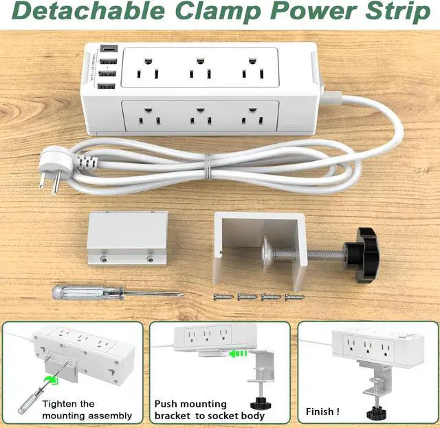 Alt view image 4 of 7 - Desk Clamp Power Strip with USB C, Desk Surge Protector Power Strip with 9 AC Plugs 4 USB Ports, Desktop Edge Mount Outlets Charging Station, 6 FT Flat Plug, Removable Clamp Power Strip White