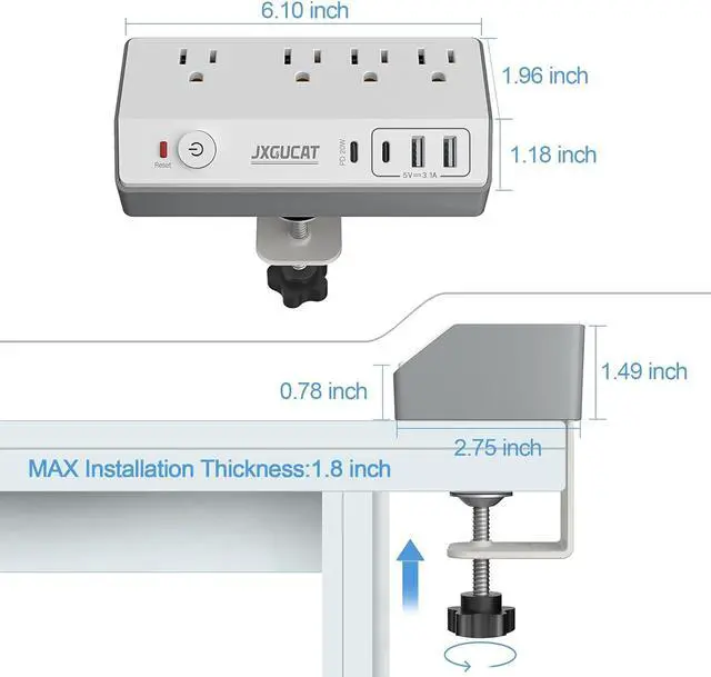 Alt view image 6 of 7 - Desk Clamp Power Strip with USB C,  PD 20W Fast Charging Power Station, Removable Desk Clamp Mount Power Strip Surge Protector, 10 ft Cord with 4 Outlet 4 USB Ports, Fit 1.8" Tabletop Edge