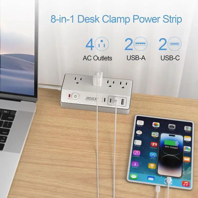 Alt view image 2 of 7 - Desk Clamp Power Strip with USB C,  PD 20W Fast Charging Power Station, Removable Desk Clamp Mount Power Strip Surge Protector, 10 ft Cord with 4 Outlet 4 USB Ports, Fit 1.8" Tabletop Edge