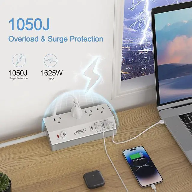 Alt view image 3 of 7 - Desk Clamp Power Strip with USB C,  PD 20W Fast Charging Power Station, Removable Desk Clamp Mount Power Strip Surge Protector, 10 ft Cord with 4 Outlet 4 USB Ports, Fit 1.8" Tabletop Edge