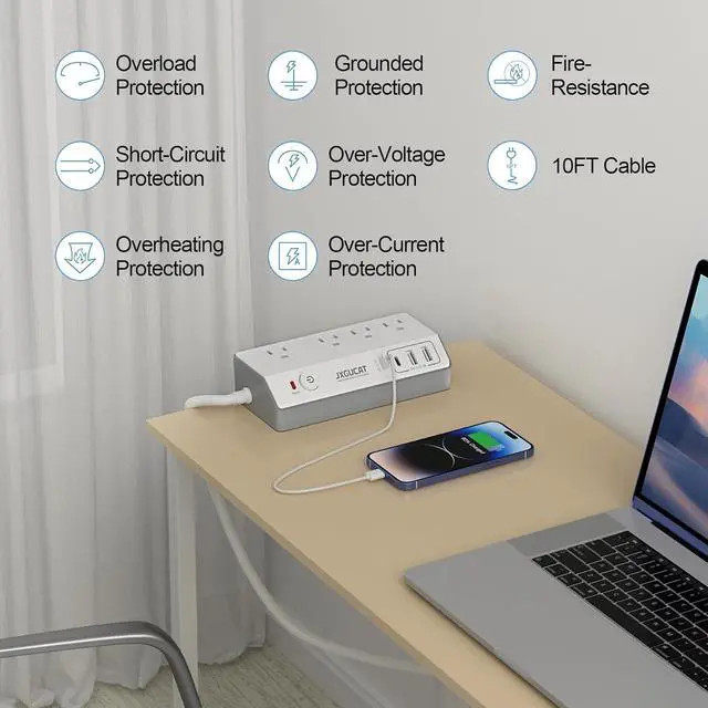 Alt view image 7 of 7 - Desk Clamp Power Strip with USB C,  PD 20W Fast Charging Power Station, Removable Desk Clamp Mount Power Strip Surge Protector, 10 ft Cord with 4 Outlet 4 USB Ports, Fit 1.8" Tabletop Edge