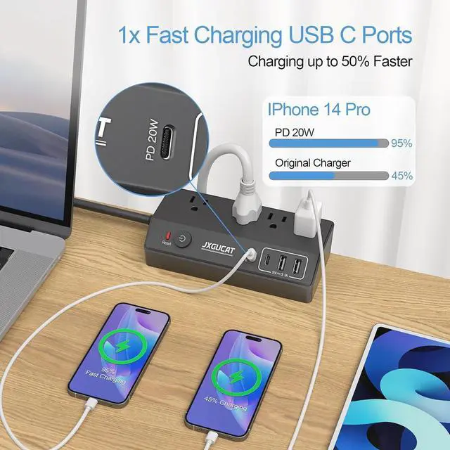 Alt view image 4 of 7 - Desk Clamp Power Strip with USB C,  PD 20W Fast Charging Power Station, Removable Desk Clamp Mount Power Strip Surge Protector, 10 ft Cord with 4 Outlet 4 USB Ports, Fit 1.8" Tabletop Edge Black