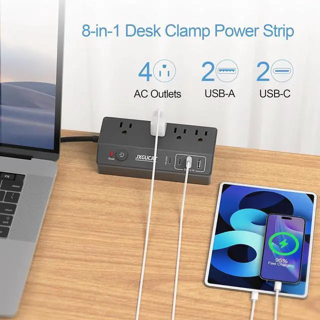 Alt view image 2 of 7 - Desk Clamp Power Strip with USB C,  PD 20W Fast Charging Power Station, Removable Desk Clamp Mount Power Strip Surge Protector, 10 ft Cord with 4 Outlet 4 USB Ports, Fit 1.8" Tabletop Edge Black